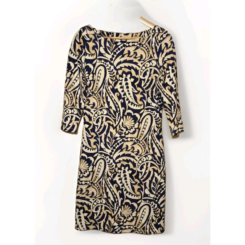 J. McLaughlin Imogen Sheath Dress, Size Small Knee Length Blue Cream Resort Wear